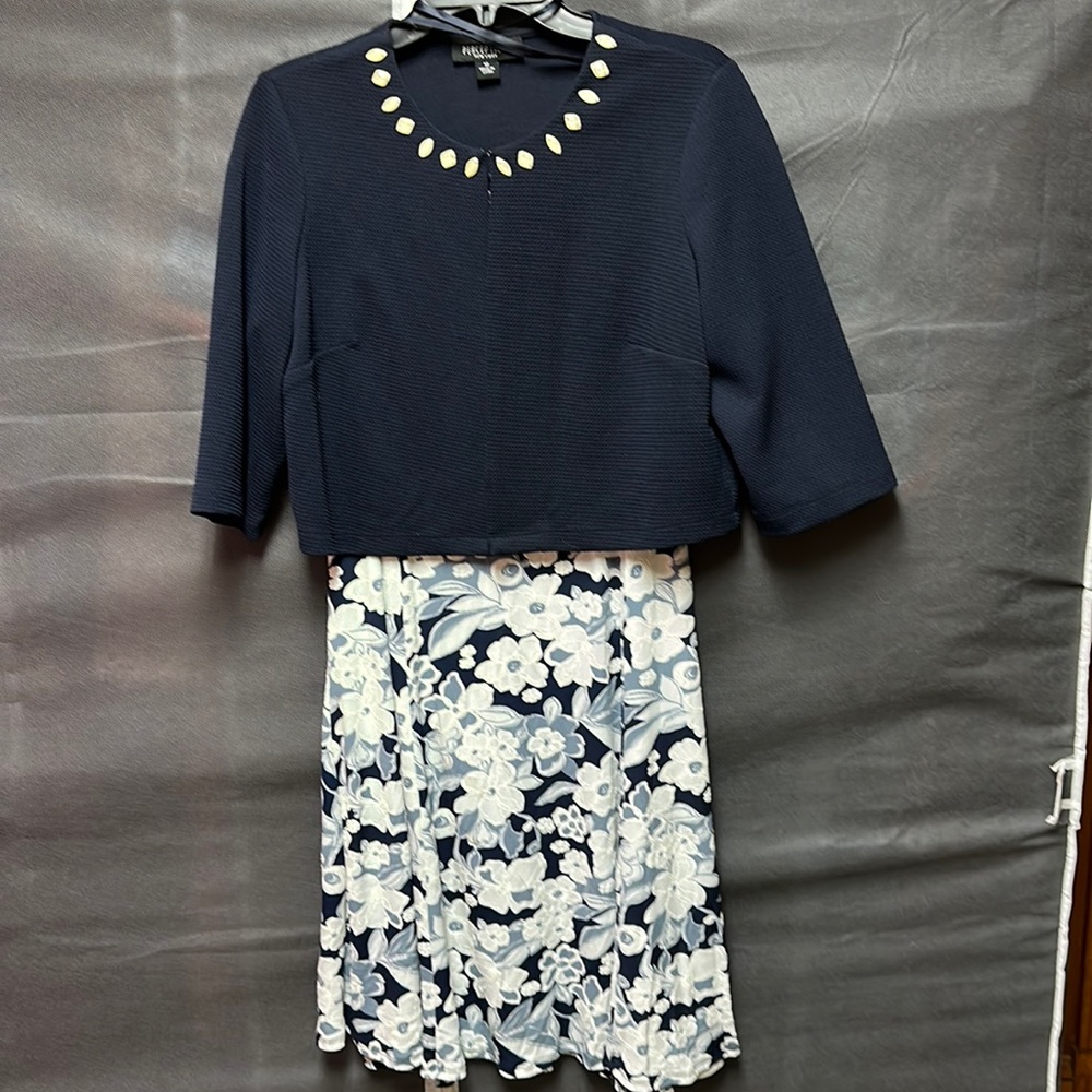 Perceptions New York blue and white floral dress with matching jacket, size 12